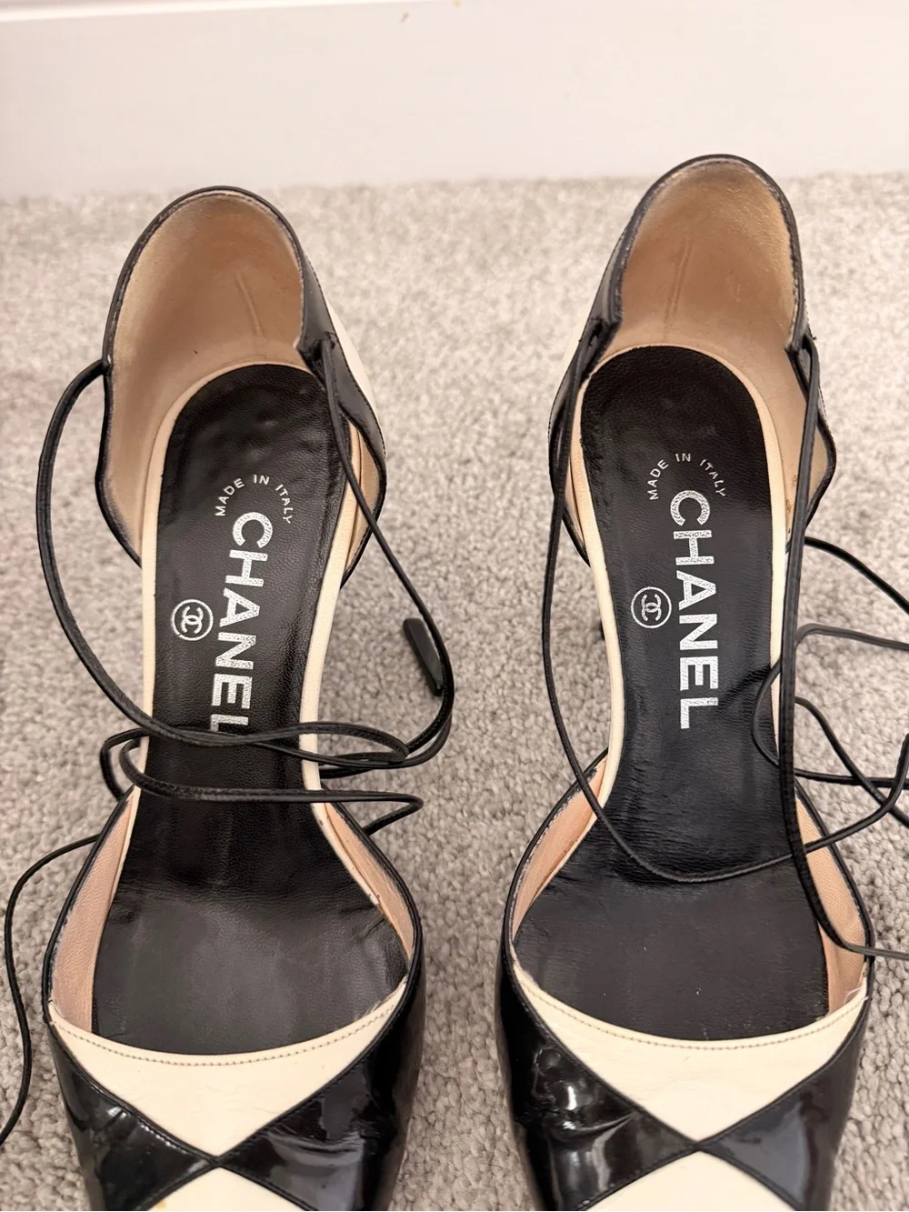 Vintage CHANEL Black and White Pointed Lace-Up Pumps